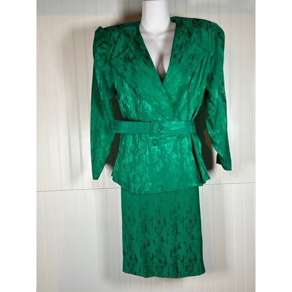 Vintage Women's Green 100% Silk double breasted 2 Piece Set skirt/jacket Sz 12 - Picture 1 of 16